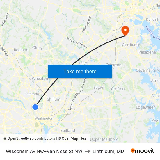 Wisconsin Av Nw+Van Ness St NW to Linthicum, MD map