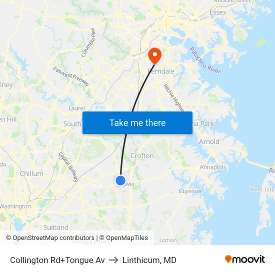 Collington Rd+Tongue Av to Linthicum, MD map