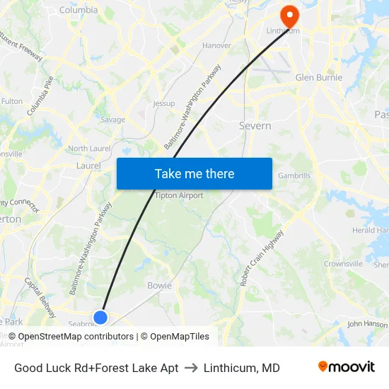 Good Luck Rd+Forest Lake Apt to Linthicum, MD map