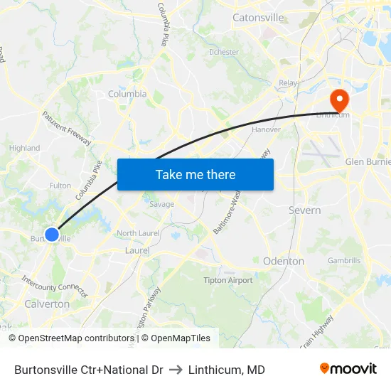 Burtonsville Ctr+National Dr to Linthicum, MD map