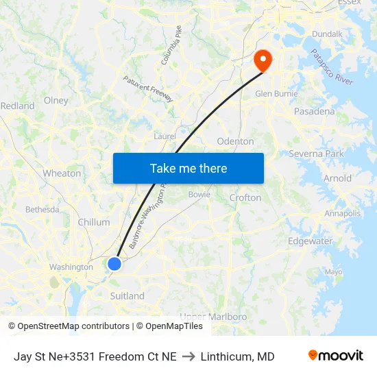 Jay St Ne+3531 Freedom Ct NE to Linthicum, MD map