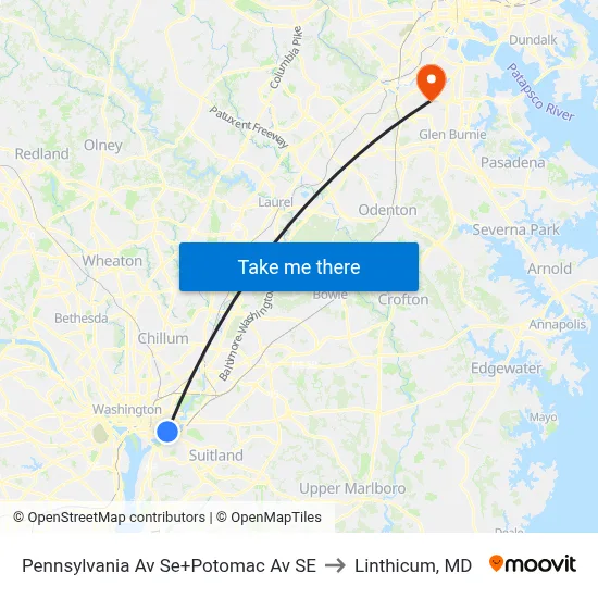 Pennsylvania Av Se+Potomac Av SE to Linthicum, MD map