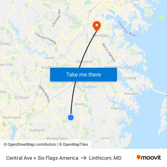 Central Av+Six Flags to Linthicum, MD map