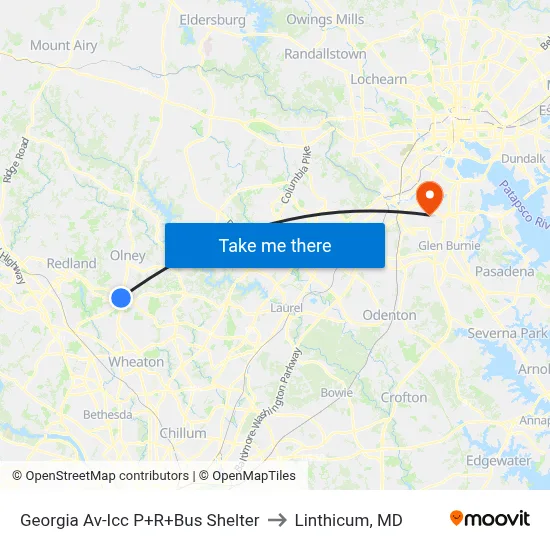 Georgia Av-Icc P+R+Bus Shelter to Linthicum, MD map