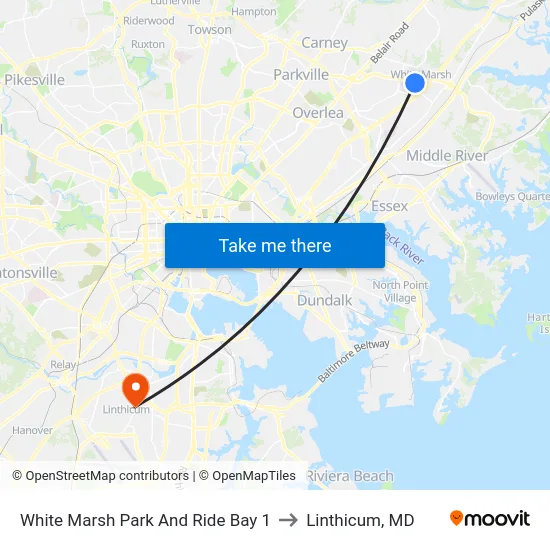 White Marsh Park And Ride Bay 1 to Linthicum, MD map