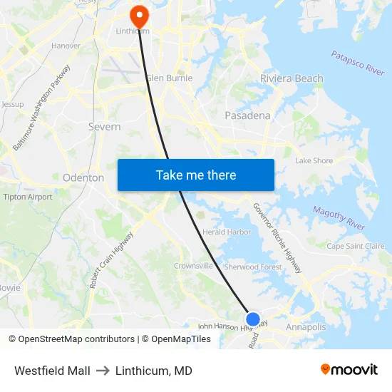 Westfield Mall to Linthicum, MD map