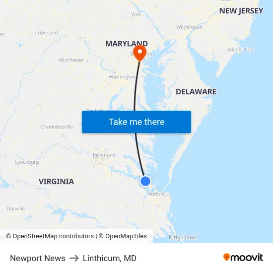 Newport News to Linthicum, MD map