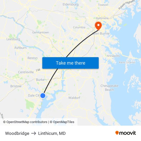 Woodbridge to Linthicum, MD map