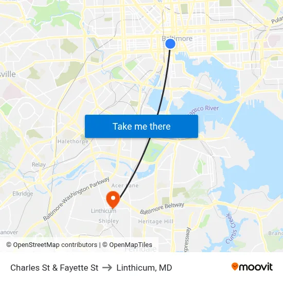 Charles St & Fayette St to Linthicum, MD map