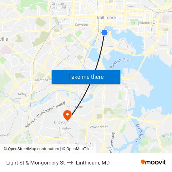 Light St & Mongomery St to Linthicum, MD map
