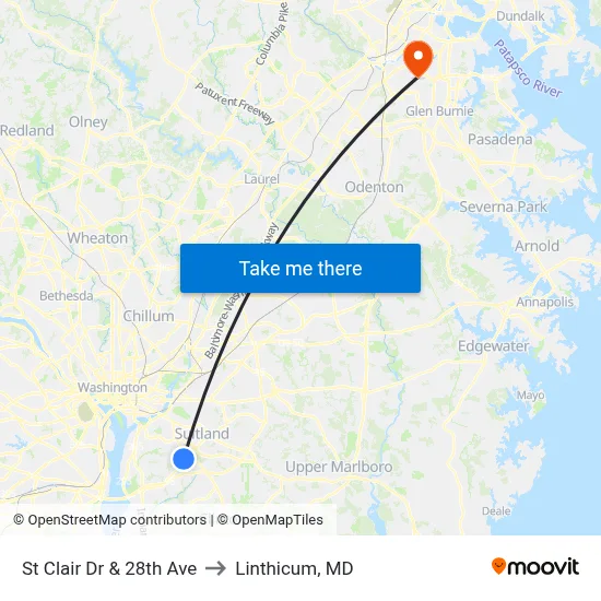St Clair Dr & 28th Ave to Linthicum, MD map