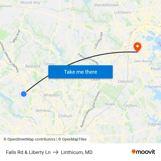 Falls Rd & Liberty Ln to Linthicum, MD map