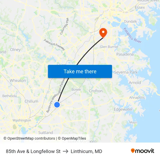 85th Ave & Longfellow St to Linthicum, MD map