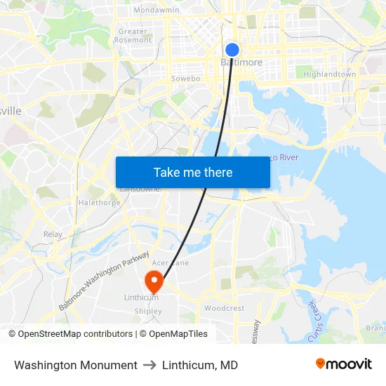 Washington Monument to Linthicum, MD map