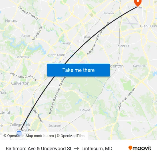 Baltimore Ave & Underwood St to Linthicum, MD map