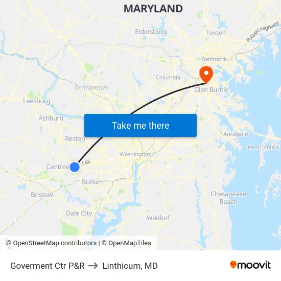 Goverment Ctr P&R to Linthicum, MD map