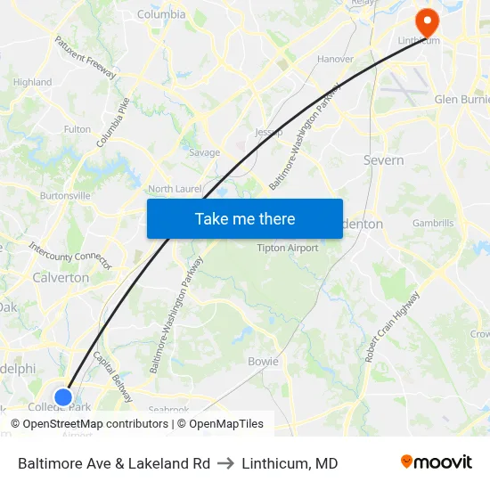 Baltimore Ave & Lakeland Rd to Linthicum, MD map