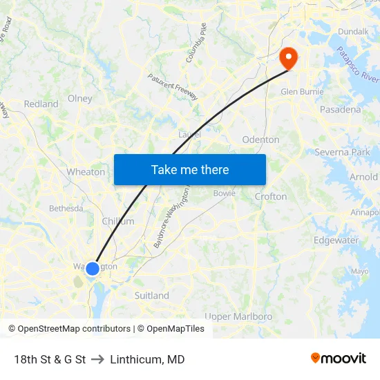18th St & G St to Linthicum, MD map