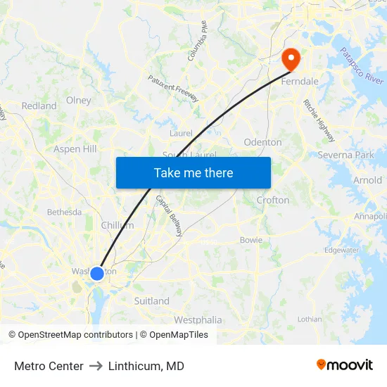 Metro Center to Linthicum, MD map