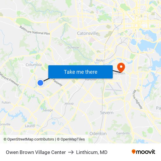 Owen Brown Village Center to Linthicum, MD map