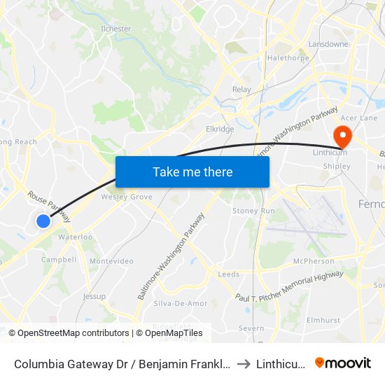 Columbia Gateway Dr / Benjamin Franklin Dr (Southbound) to Linthicum, MD map