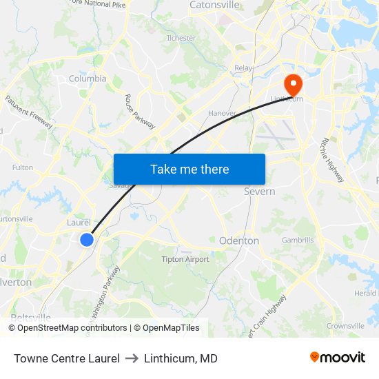 Towne Centre Laurel to Linthicum, MD map