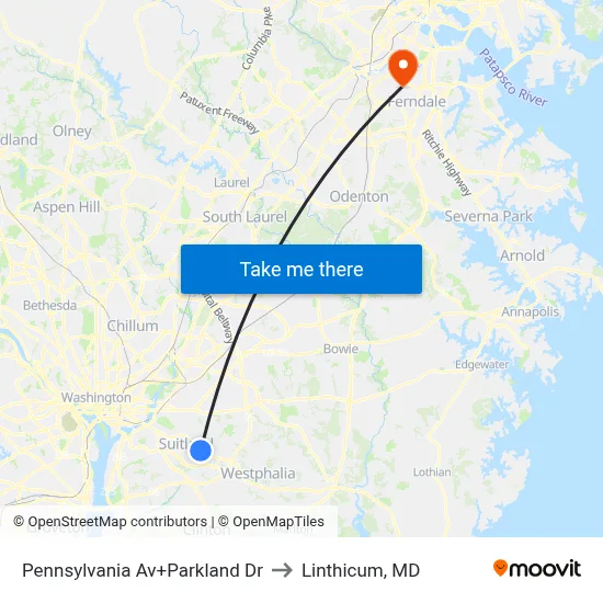 Pennsylvania Av+Parkland Dr to Linthicum, MD map