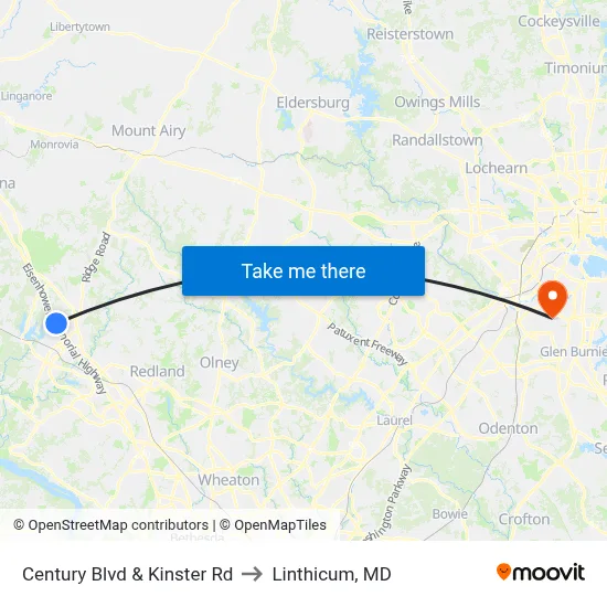 Century Blvd & Kinster Rd to Linthicum, MD map