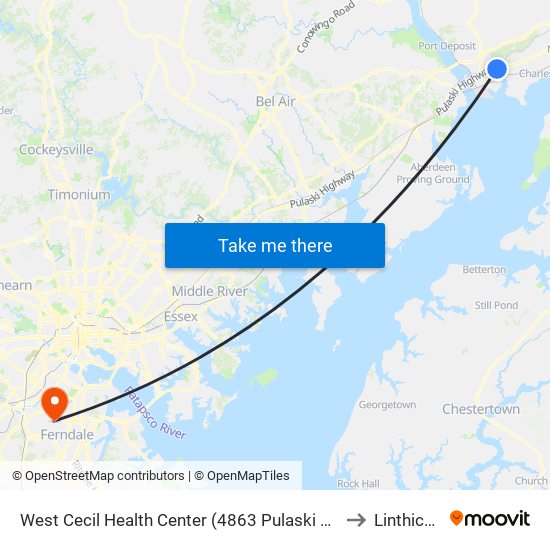 West Cecil Health Center (4863 Pulaski Hwy/Us 40 at Roundabout) to Linthicum, MD map