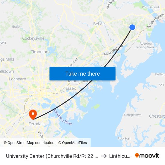 University Center (Churchville Rd/Rt 22 & Technology Dr) to Linthicum, MD map