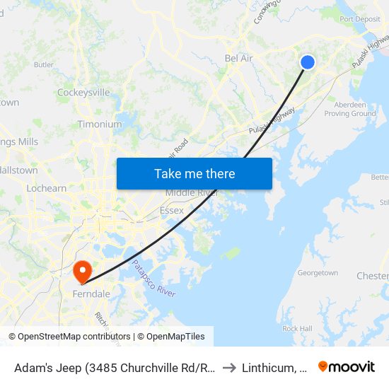 Adam's Jeep (3485 Churchville Rd/Rt 22) to Linthicum, MD map