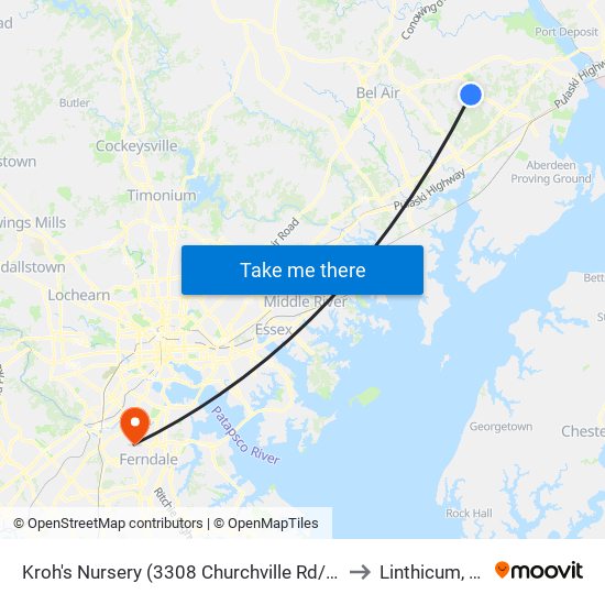 Kroh's Nursery  (3308 Churchville Rd/Rt 22) to Linthicum, MD map