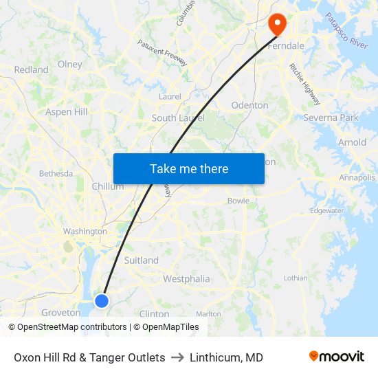 Oxon Hill Rd & Tanger Outlets to Linthicum, MD map