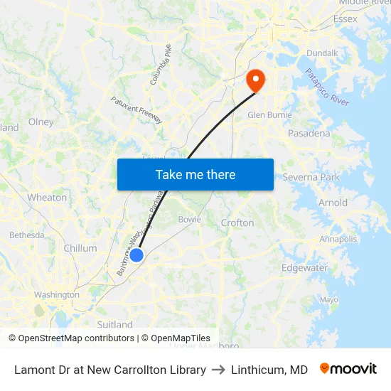 Lamont Dr at New Carrollton Library to Linthicum, MD map