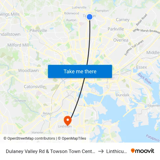 Dulaney Valley Rd & Towson Town Center Mall - Macy's Nb to Linthicum, MD map
