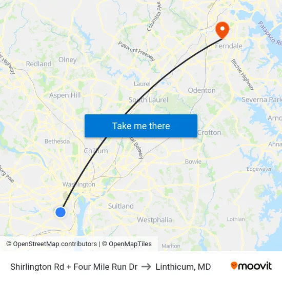 Shirlington Rd + Four Mile Run Dr to Linthicum, MD map