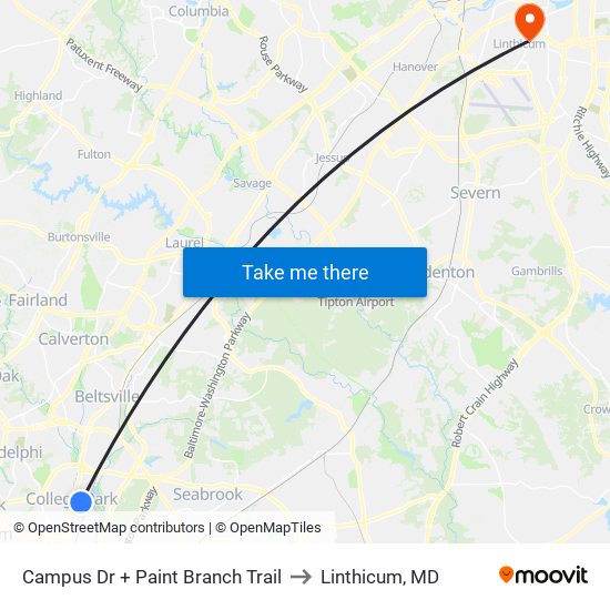 Campus Dr + Paint Branch Trail to Linthicum, MD map