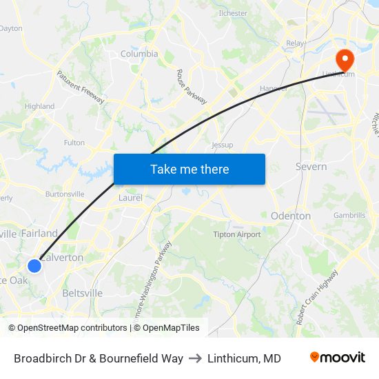 Broadbirch Dr & Bournefield Way to Linthicum, MD map