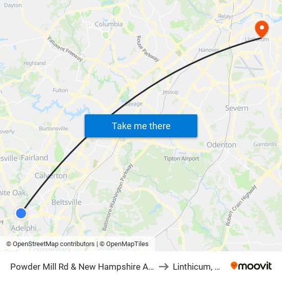 Powder Mill Rd & New Hampshire Ave to Linthicum, MD map