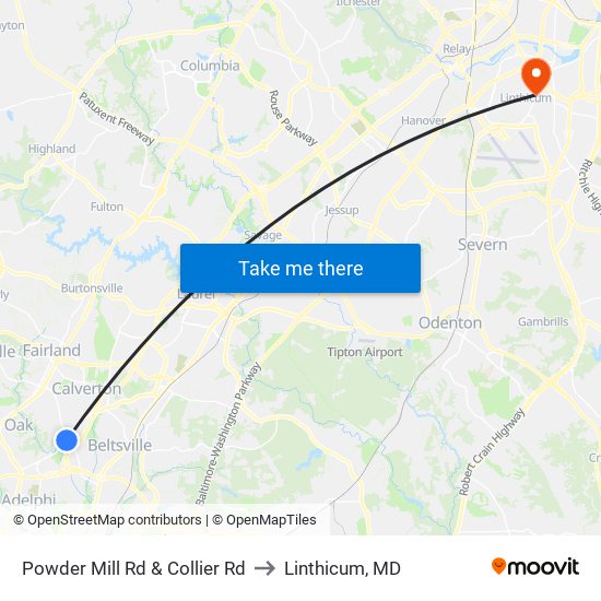 Powder Mill Rd & Collier Rd to Linthicum, MD map