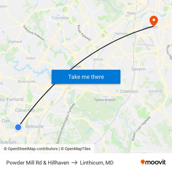 Powder Mill Rd & Hillhaven to Linthicum, MD map