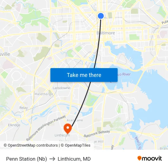 Penn Station (Nb) to Linthicum, MD map