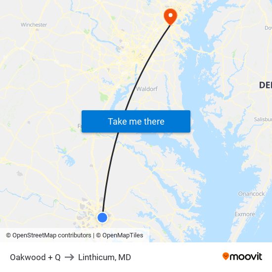 Oakwood + Q to Linthicum, MD map