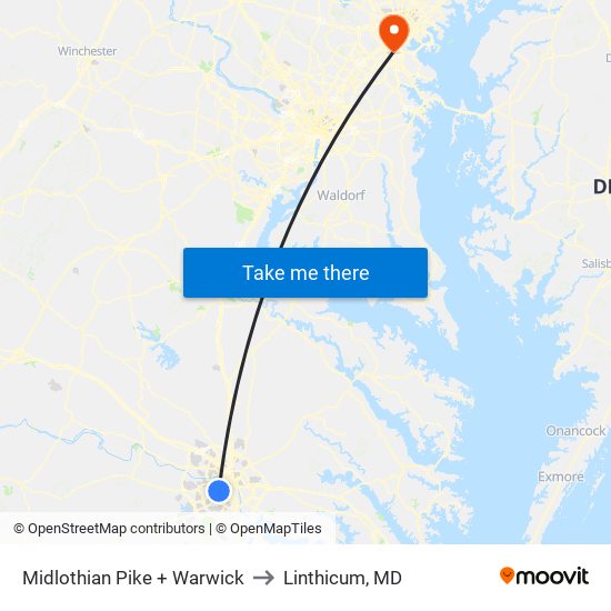 Midlothian Pike + Warwick to Linthicum, MD map