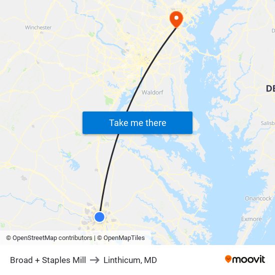 Broad + Staples Mill to Linthicum, MD map