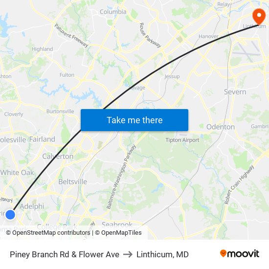 Piney Branch Rd & Flower Ave to Linthicum, MD map