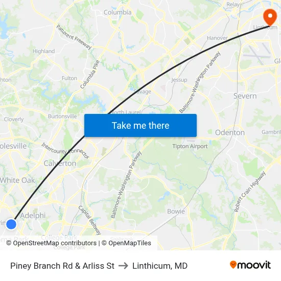 Piney Branch Rd & Arliss St to Linthicum, MD map