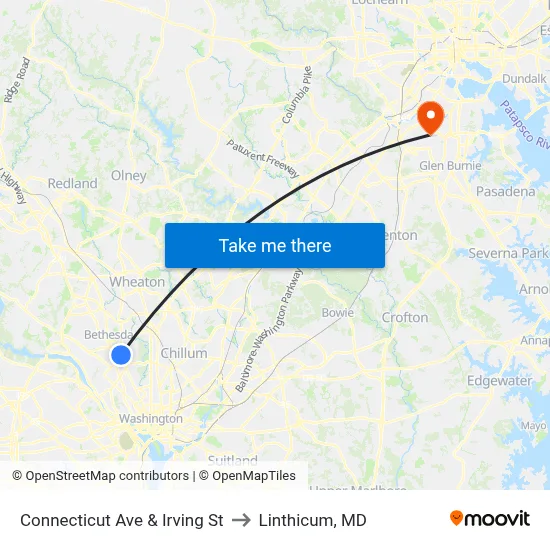 Connecticut Ave & Irving St to Linthicum, MD map
