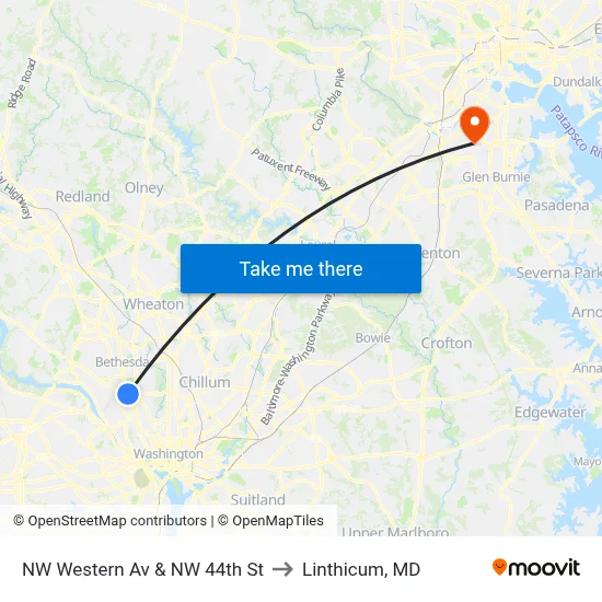 NW Western Av & NW 44th St to Linthicum, MD map