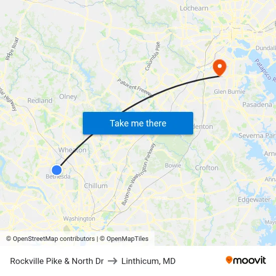 Rockville Pike & North Dr to Linthicum, MD map